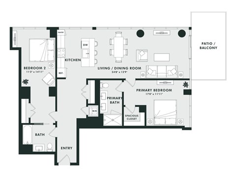 Floor plan for 2 beds, 2.5 baths, 1325 sqft